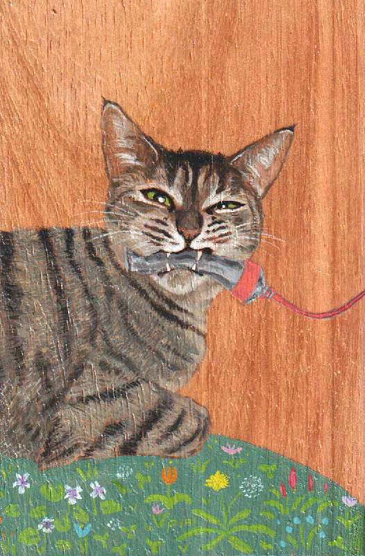 Painting of a tabby cat biting down on a red paint tube, sitting on a little hill of mille fleur. The background is wood.