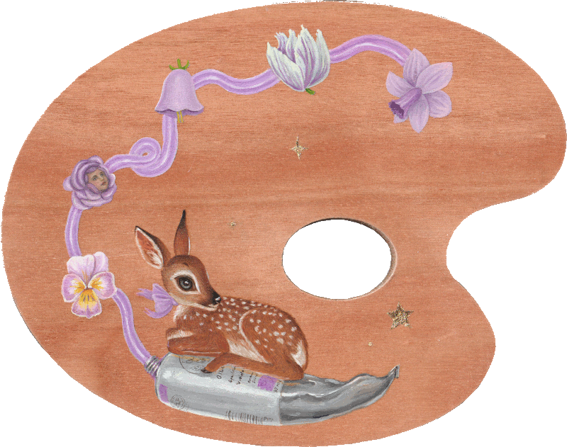 Painting of a fawn sitting on a giant purple paint tube. Purple paint is coming up in swirls and there are purple flowers where paint blobs should be.