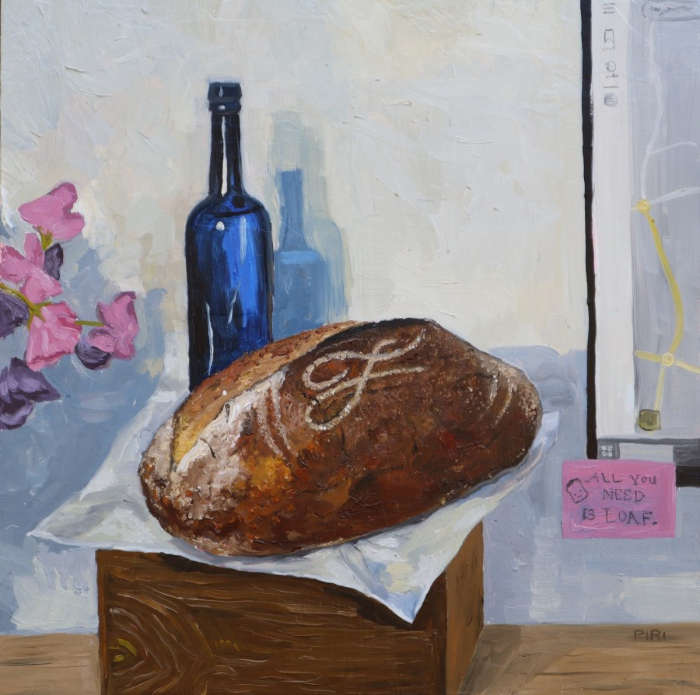 Still life painting of a loaf of bread and a blue bottle, sitting on a wooden box. There’s some sweet peas peeking in.