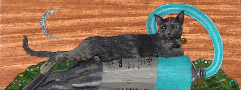 Painting of a dilute tortoiseshell cat lounging on a giant paint tube, with turquoise paint coming out of it, on a mille fleur hill with a silver leaf star and the background is wood.