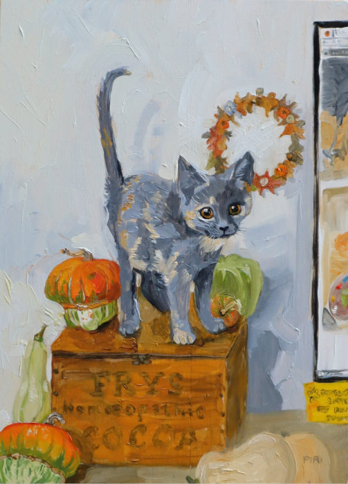 Painting of a dilute torti kitten with various pumpkins. The kitten is looking at the viewer and standing on an old wooden box that reads 'Frys homoepathic cocoa'.  There's part of a monitor to the right with a video session.