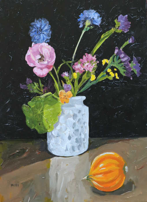 Painting of a vase from pink hill ceramics, it holds cornflowers, yellow, pink and purple statice, a pansy, lavender, nasturtium. The background is black, and the surface is wooden. To the right is a small orange pumpkin.