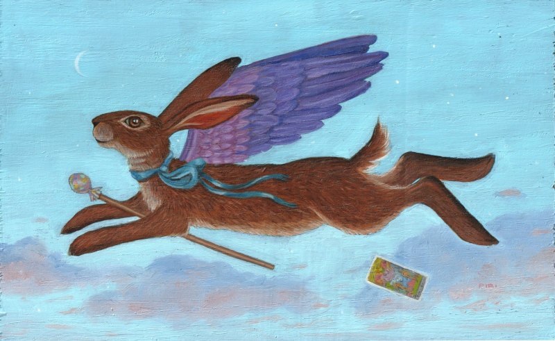 Painting of a hare with pink and purple angel wings, flying against a blue sky with a crescent moon and pinky purple clouds. The hare is holding a mahlstick under its front leg, and a tarot card is floating behind in the air