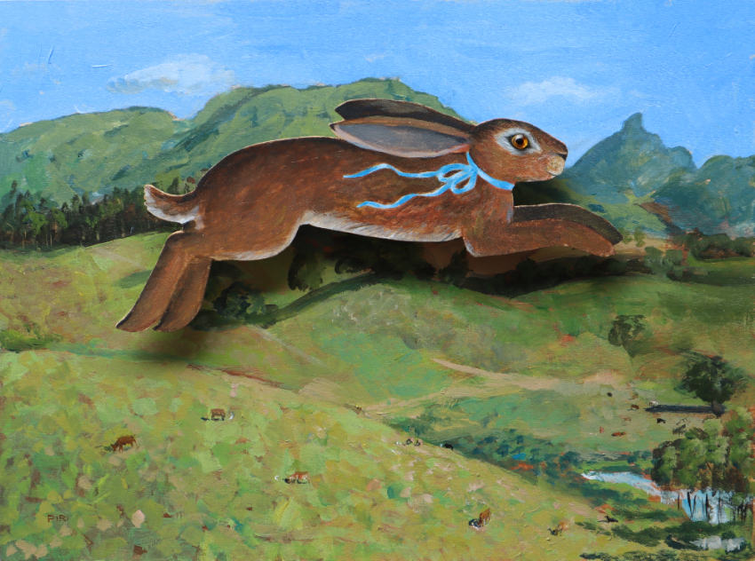 Painting of a hare that is cut out jumping over the Tweed Valley landscape. The hare is wearing a blue ribbon. The valley is lush and green with cattle speckled over it.