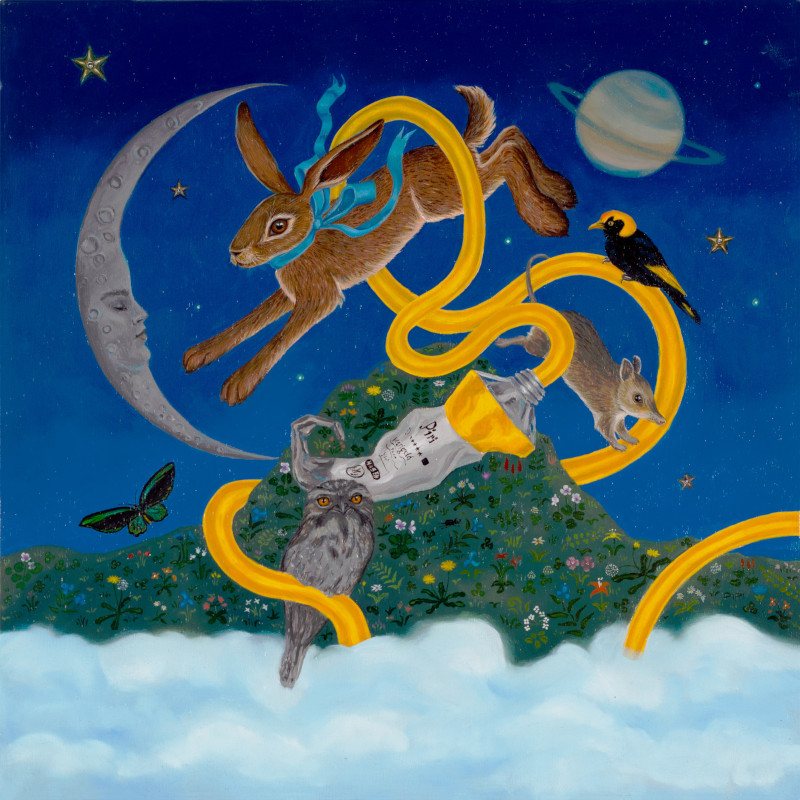 Painting of a hare jumping over a mountain covered in millefleur with a moon to the right and a night sky, and yellow paint coming out of a paint tube, there's also a tawny frogmouth, bandicoot, and bowerbird interacting with the paint.